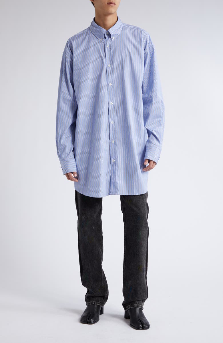 Maison Margiela Stripe Oversize Organic Cotton Oxford Button-Down Shirt, Alternate, color, Blue Stripes
