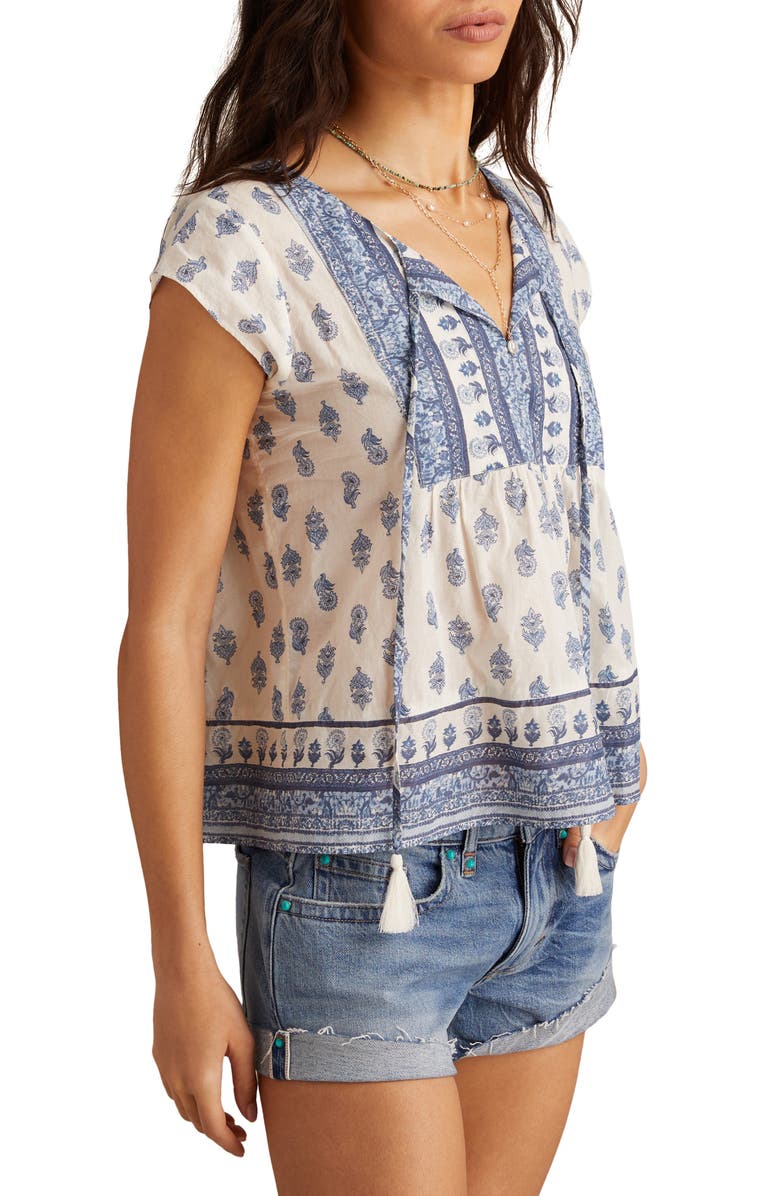 Lucky Brand Printed Split Neck Cotton Top, Alternate, color, Blue Multi