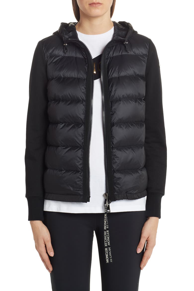 Quilted Down Front Hooded Cardigan, Main, color, BLACK