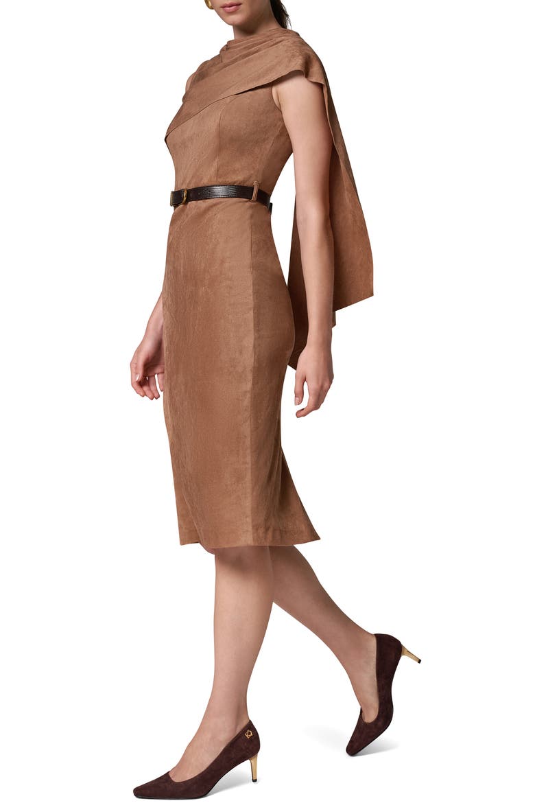 Shoulder Drape Faux Suede Sheath Midi Dress, Alternate, color, CAMEL