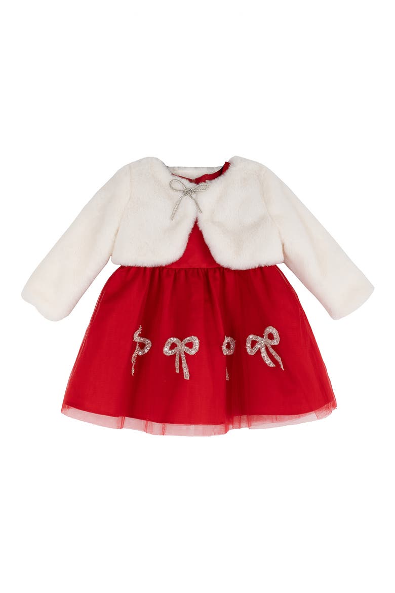 Faux Fur Jacket, Satin Dress & Bloomers Set, Main, color, RED