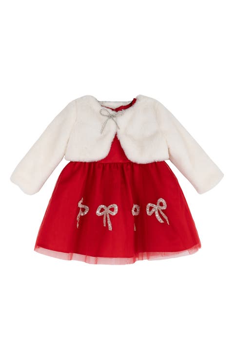 Faux Fur Jacket, Satin Dress & Bloomers Set