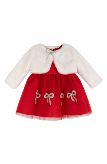 Faux Fur Jacket, Satin Dress & Bloomers Set