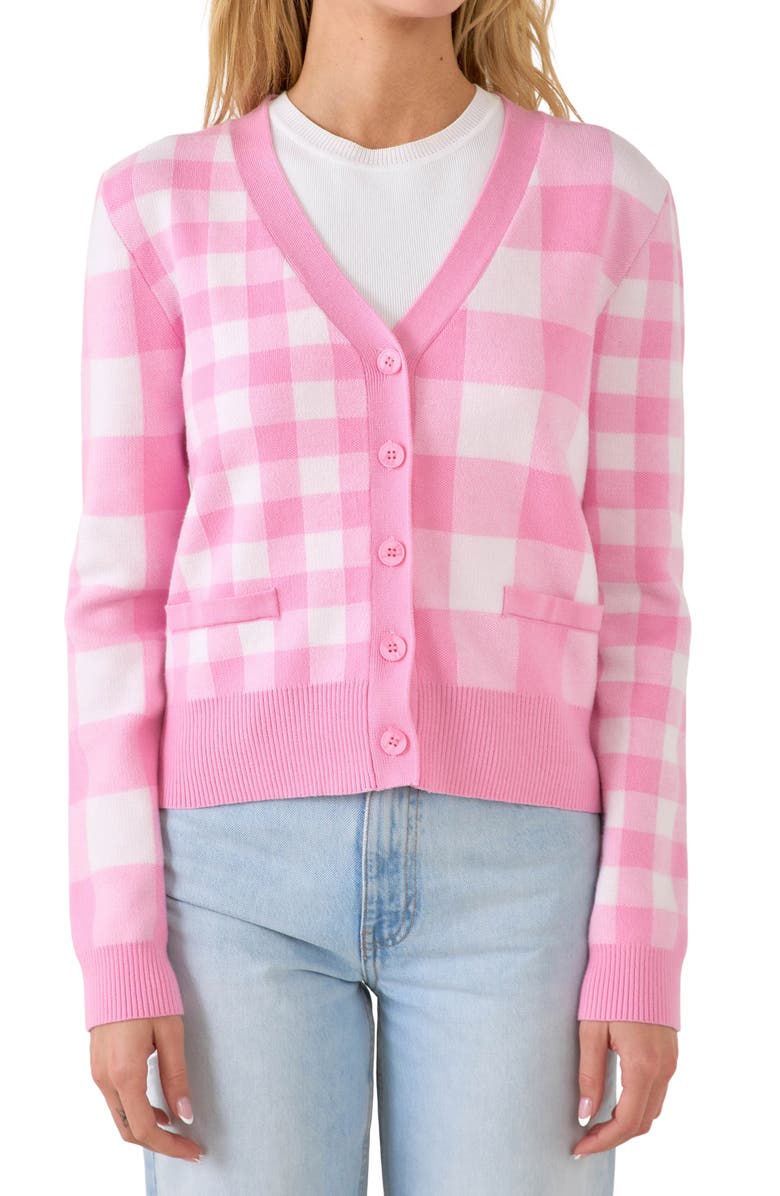 English Factory Gingham Knit Cardigan, Main, color, Pink