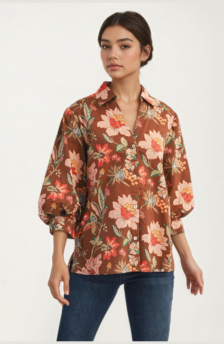 Knit and Lounge Floral Print Button-Up Voluminous-Sleeve Blouse, Main, color, 