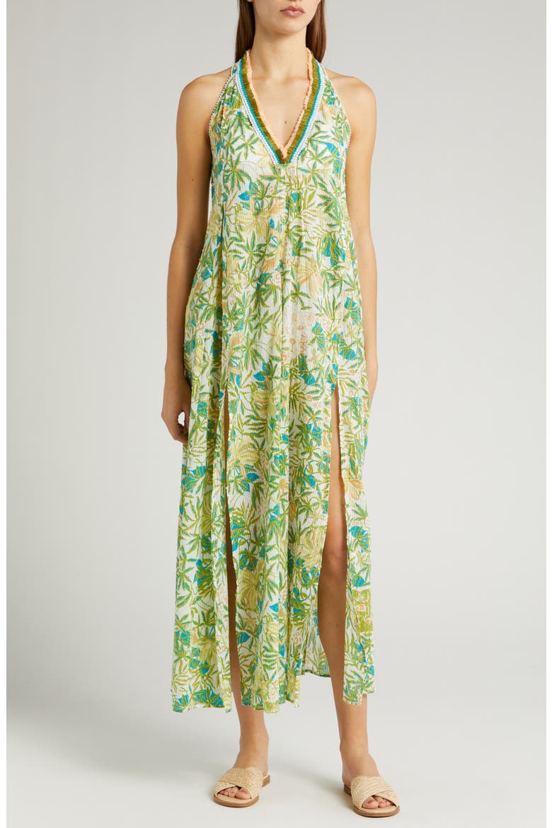 Nava Print Fringe Cover-Up Maxi Dress, Main, color, GREEN ORCHID OCN