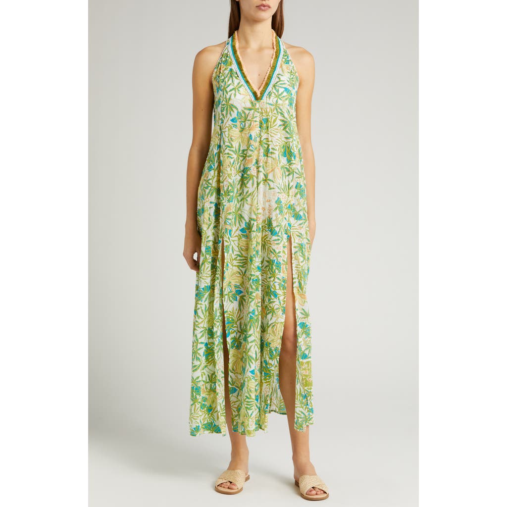 Poupette St Barth Nava Print Fringe Cover-Up Maxi Dress in Green Orchid Ocn  product