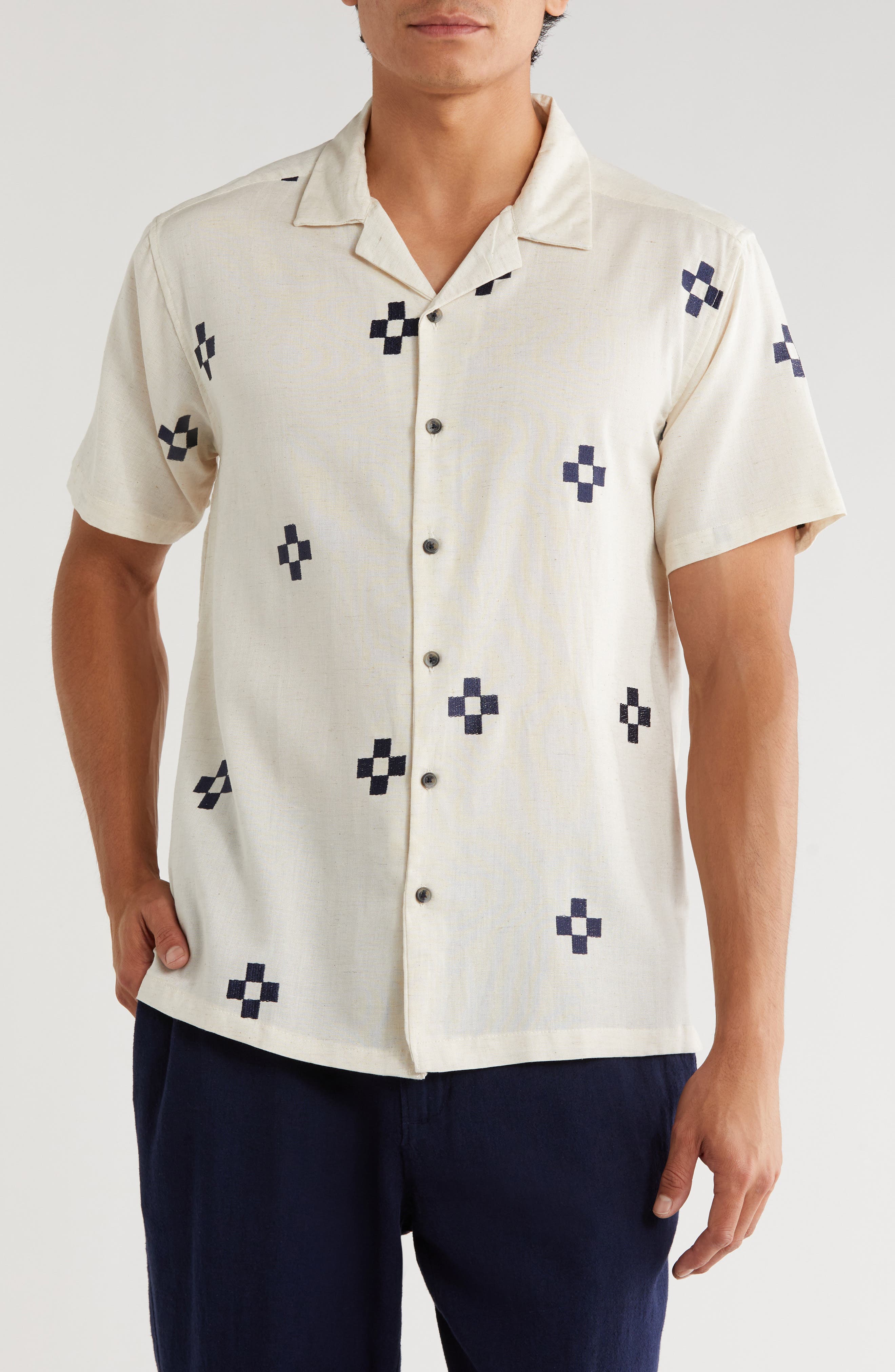 T.R. PREMIUM Geometric Embroidered Camp Shirt