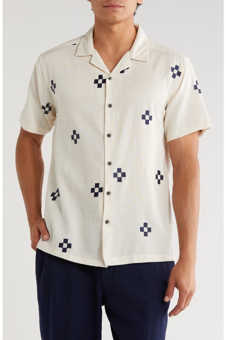Geometric Embroidered Camp Shirt, Main, color, FLAX