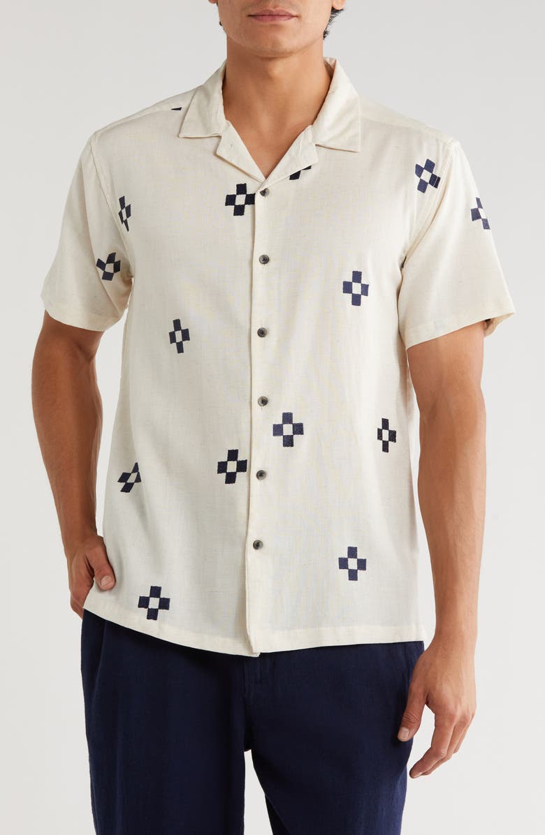 T.R. PREMIUM Geometric Embroidered Camp Shirt, Main, color, Flax