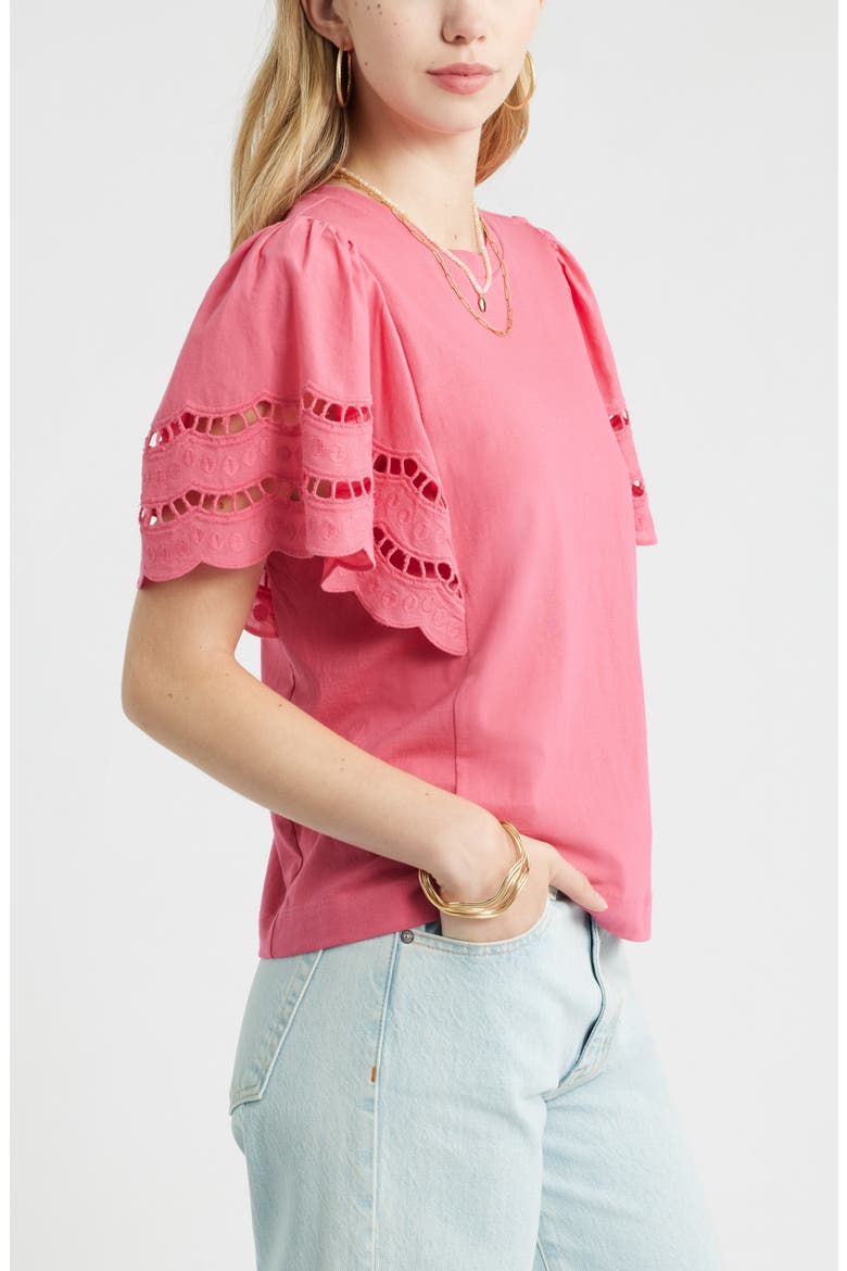 Flutter Sleeve Eyelet Top, Alternate, color, PINK CARMINE
