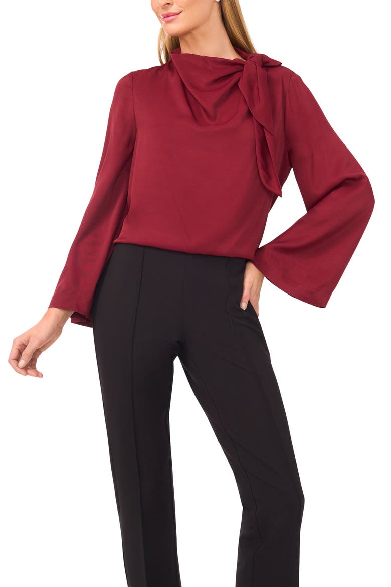 Tie Neck Twill Top, Main, color, TAWNY PORT