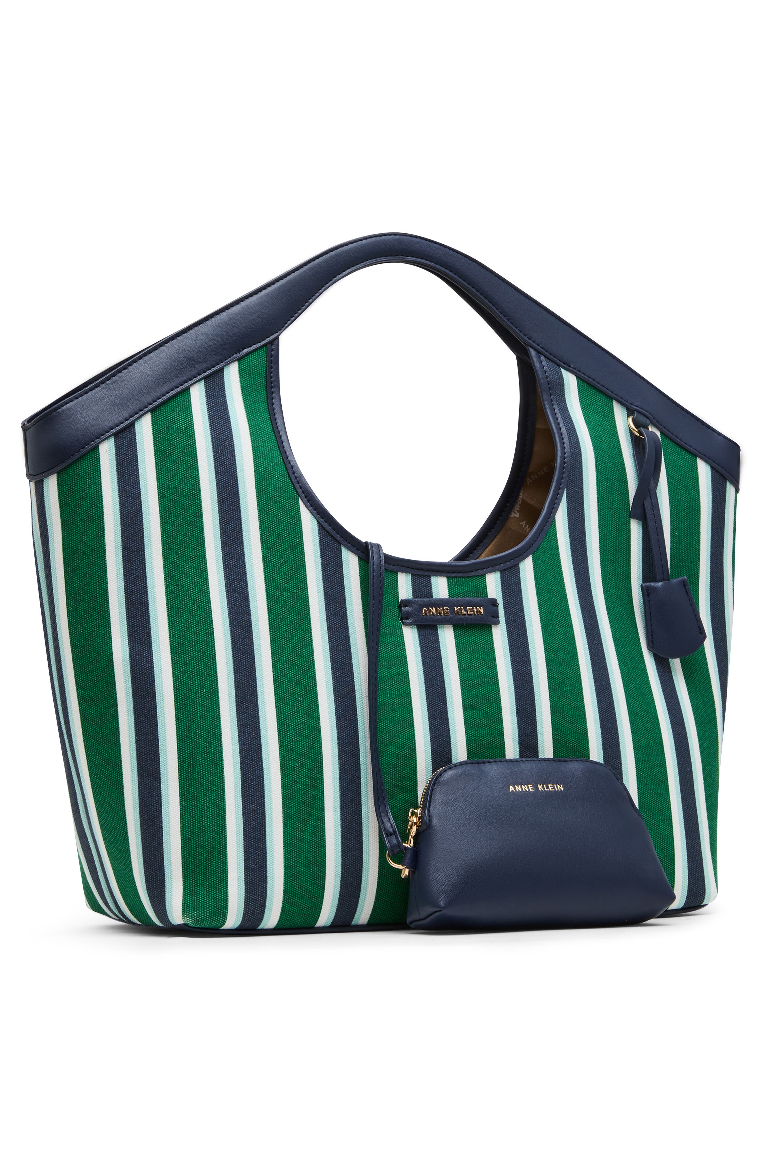 Anne Klein Stripe Large Tote Bag with Pouch, Alternate, color, Navy