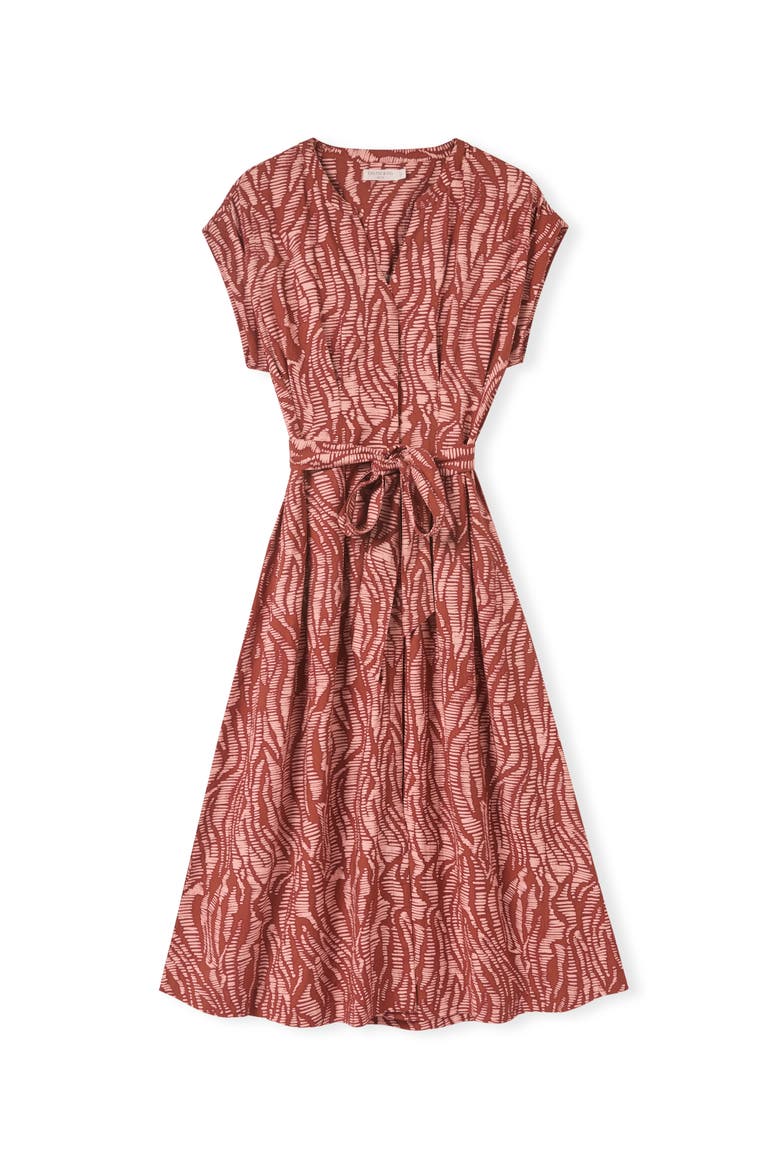 Tie Waist Relaxed V-Neck Midi Dress, Alternate, color, Pink Wavy Animal