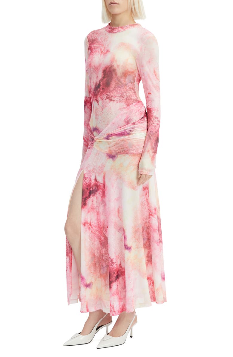 Bardot Lea Ruched Long Sleeve Mesh Maxi Dress, Alternate, color, Pink Tie Dye