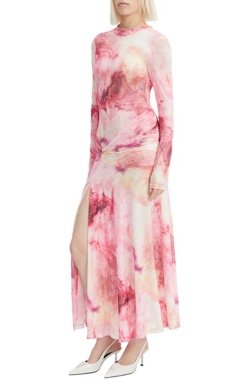 Shop Bardot Lea Ruched Long Sleeve Mesh Maxi Dress In Pink Tie Dye