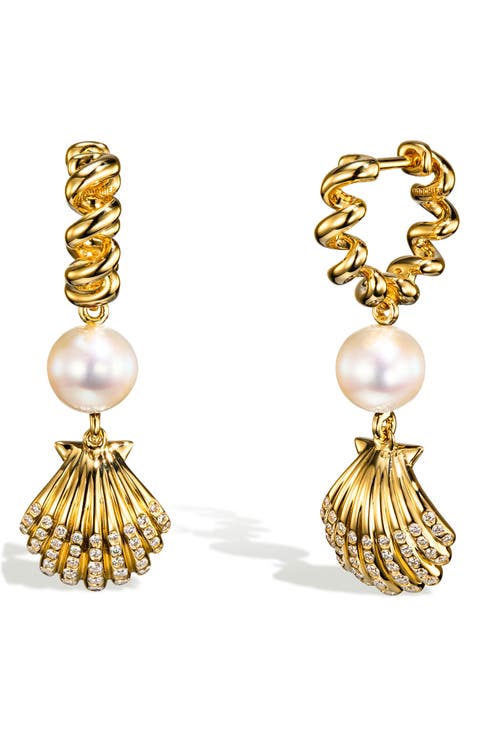 Diamond & Freshwater Pearl Shell Drop Earrings