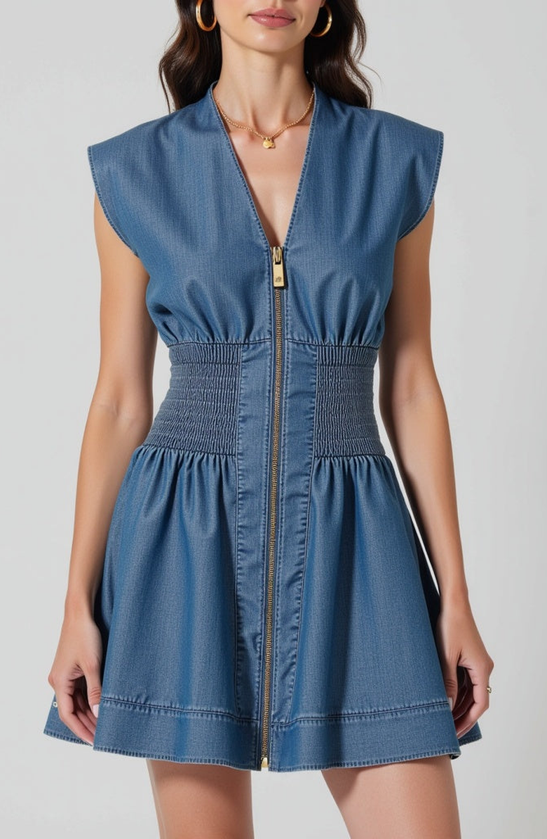 Modenaire Denim Mini Dress with Cap Sleeves and Smocked Waist, Alternate, color, Denim Blue