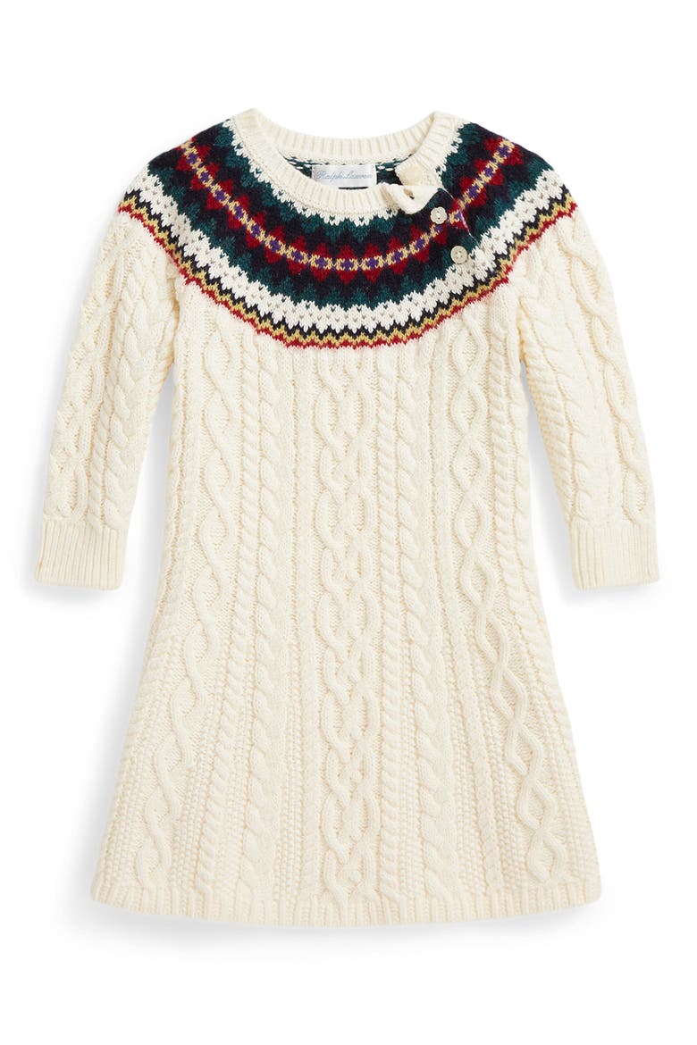 Kids' Fair Isle Cable Knit Cotton Sweater Dress, Main, color, CREAM MULTI