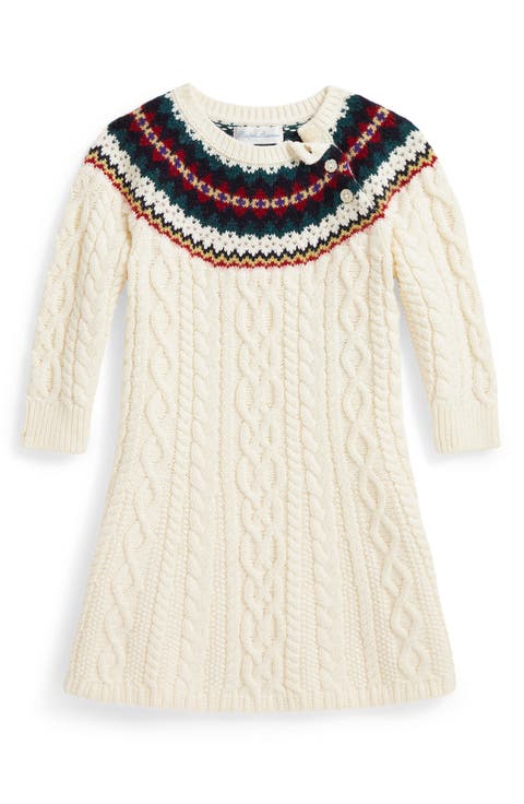 Kids' Fair Isle Cable Knit Cotton Sweater Dress