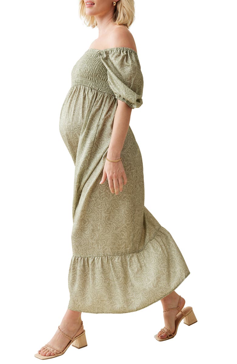 Ingrid & Isabel<sup>®</sup> Elbow Sleeve Smocked Bodice Maxi Maternity Sundress, Alternate, color, Olive Two Tone