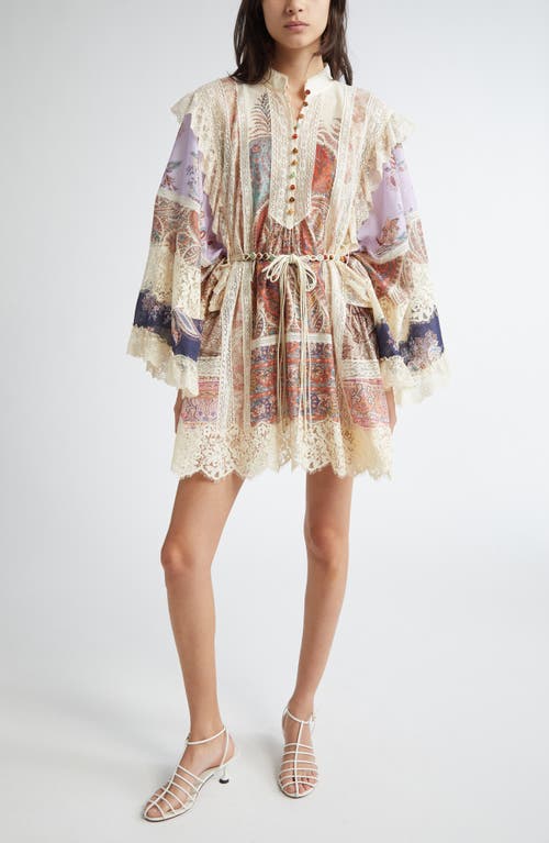 Zimmermann Rhiannon Billow Long Sleeve Lace Trim Minidress In Neutral
