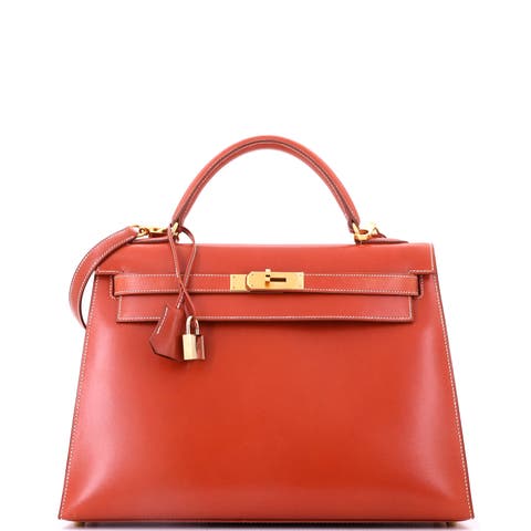 Kelly Handbag Orange Box Calf with Gold Hardware 32