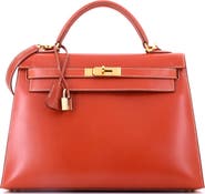 Pre-Owned Hermes Kelly Handbag Orange Box Calf with Gold Hardware 32