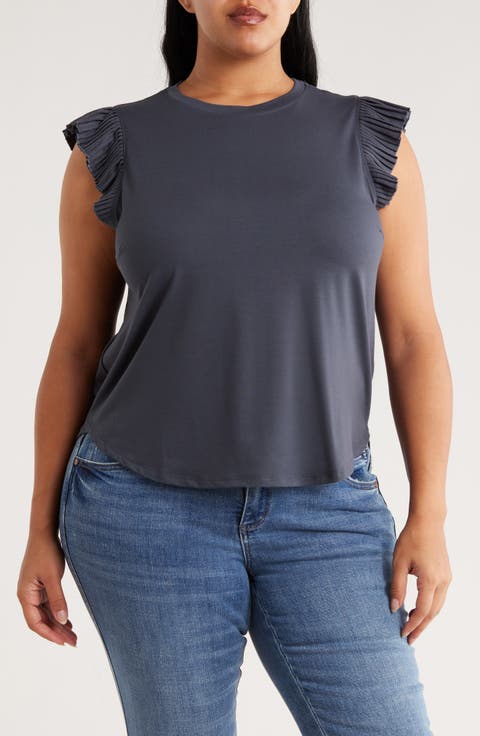 Pleated Sleeve Mixed Media T-Shirt (Plus)