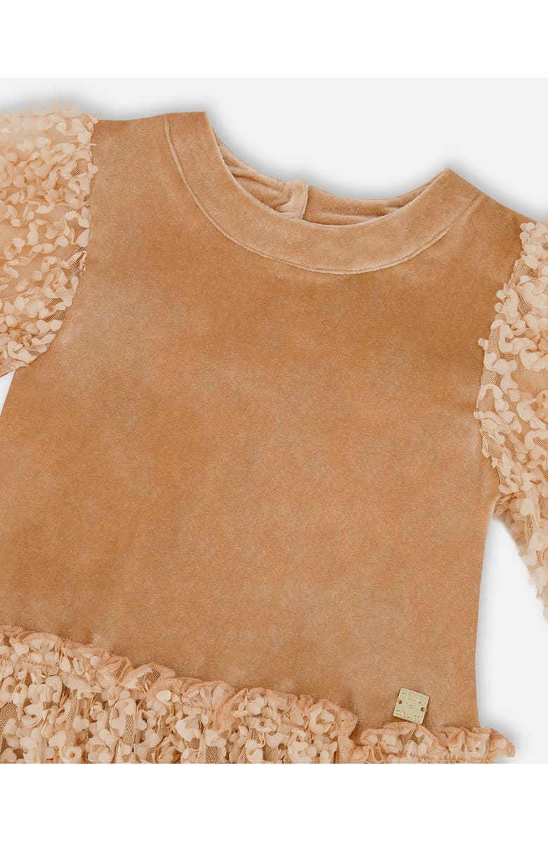 Deux par Deux Puff Sleeve Bi-Material Velour and Lace Dress, Alternate, color, Light Caramel