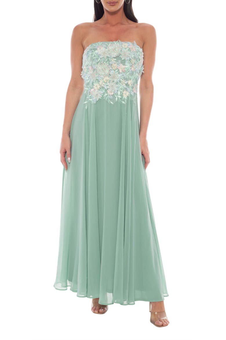 3D Floral Strapless Tule Gown, Main, color, SAGE/ WHITE