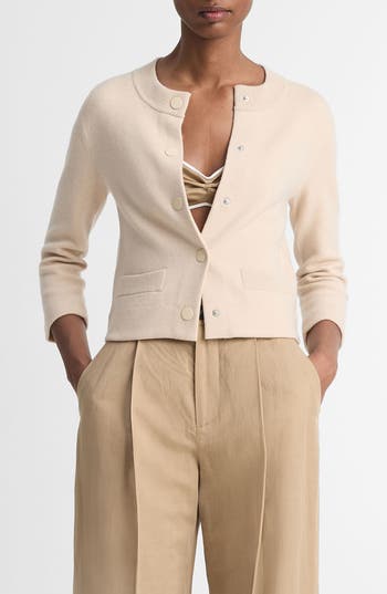 Vince Wool Cashmere Shrunken Snap Front Cardigan In Beach