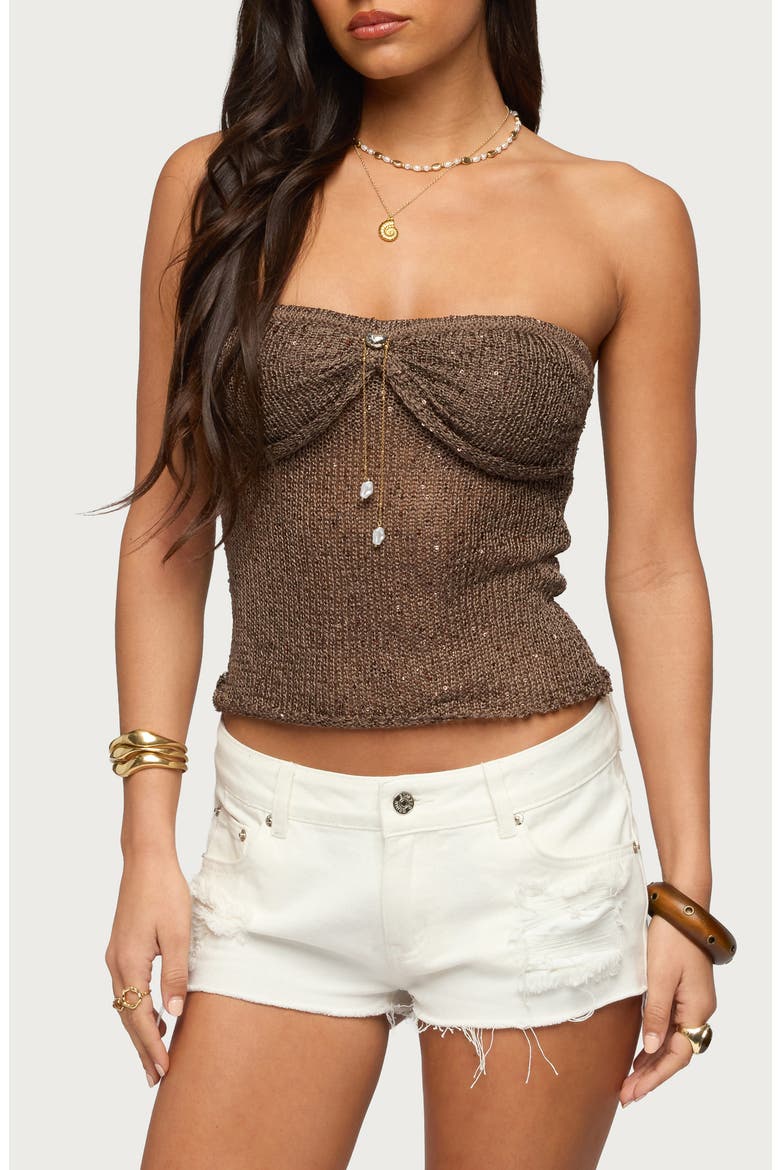 Pearly Charm Strapless Sequin Knit Top, Main, color, BROWN