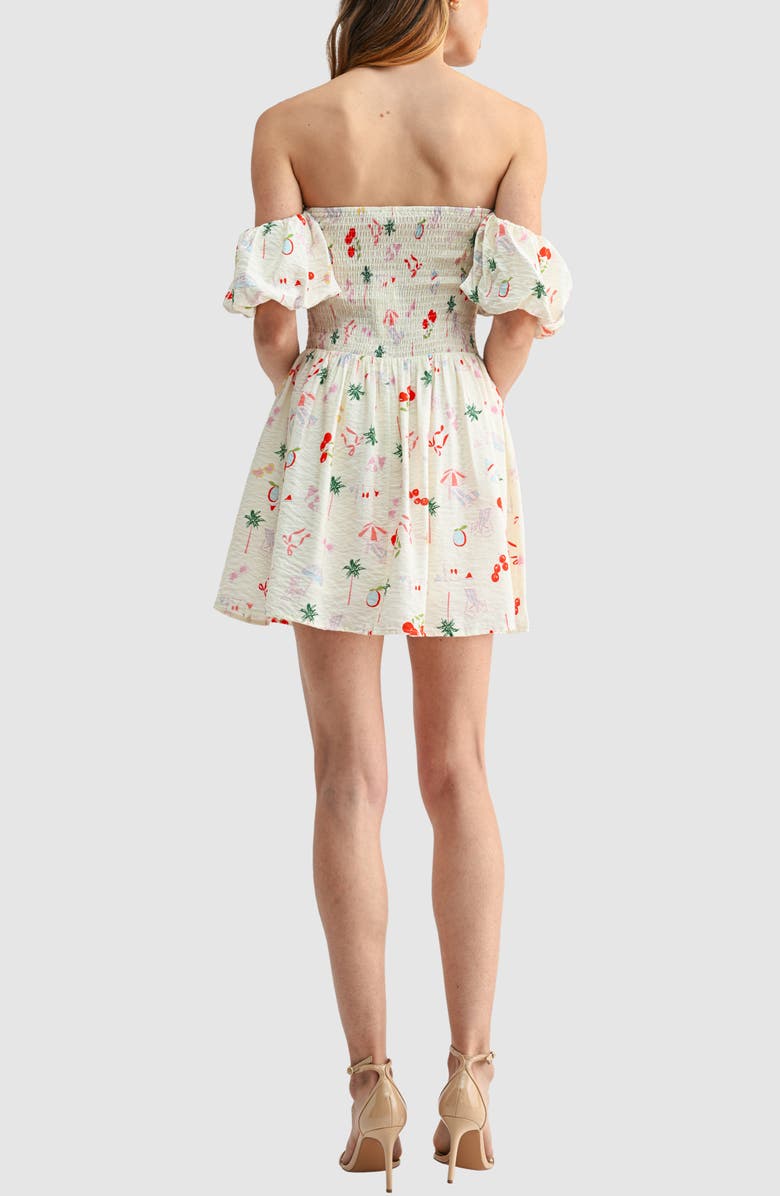 All in Favor Shirred Print Off the Shoulder Dress, Alternate, color, Beach Conversational