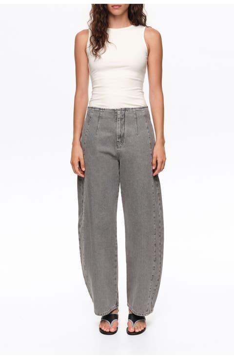 Barrel Denim Trousers with Buckle