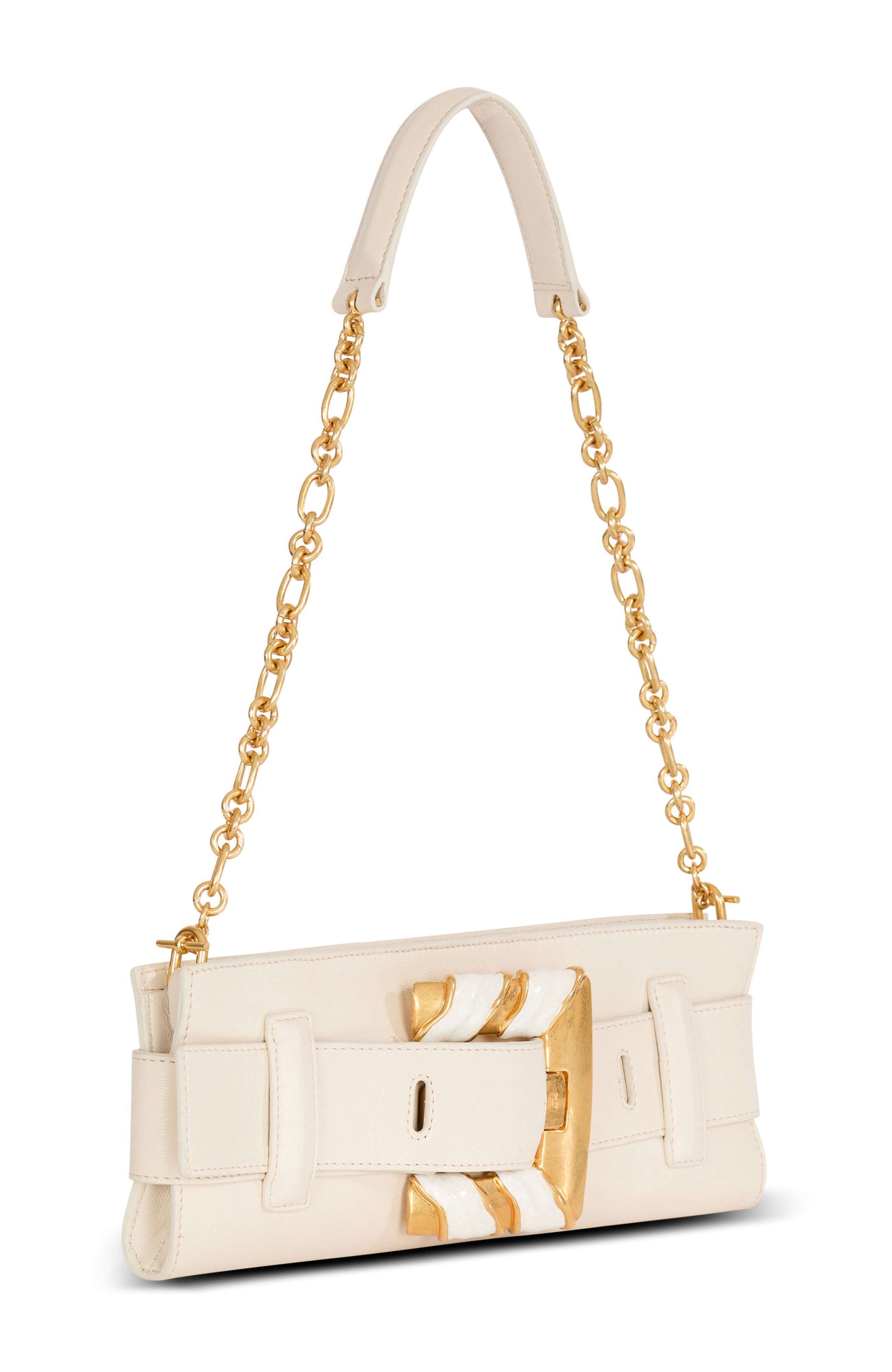 Balmain Anthem lambskin and enamel clutch, Alternate, color, Beige