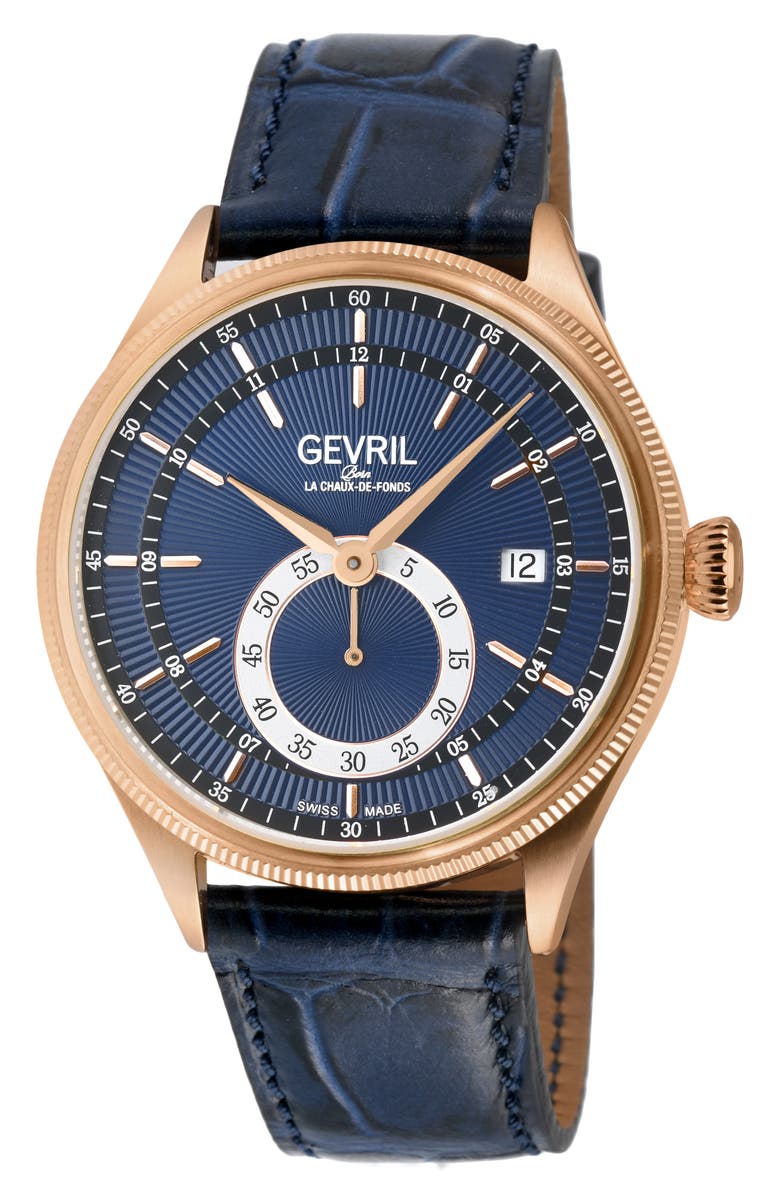 GEVRIL Empire Swiss Automatic Leather Strap Watch, 40mm, Main, color, Blue
