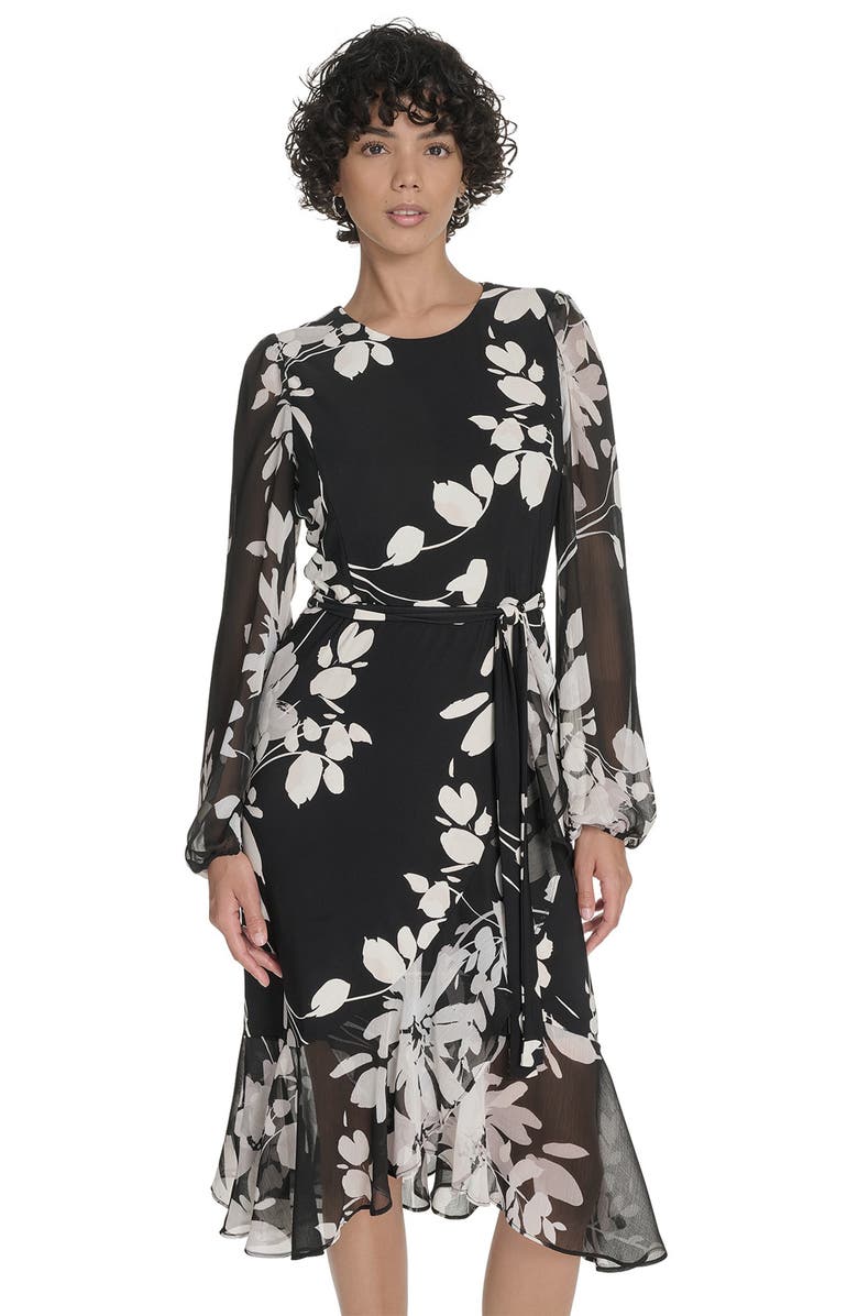 Tommy Hilfiger Floral Long Sleeve Ruffle Mixed Media Midi Dress, Alternate, color, Ivory Multi