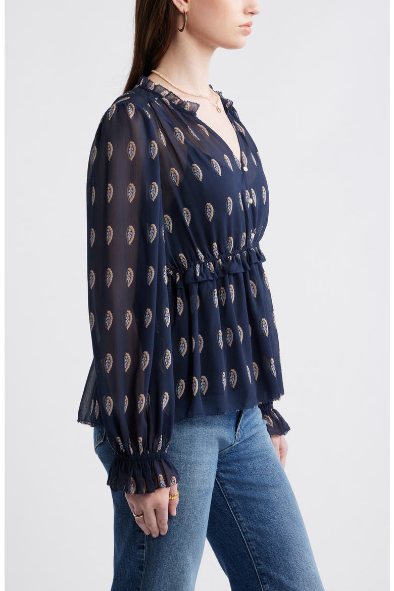 Long Sleeve Chiffon Peplum Top, Alternate, color, NAVY MINI FOULARD