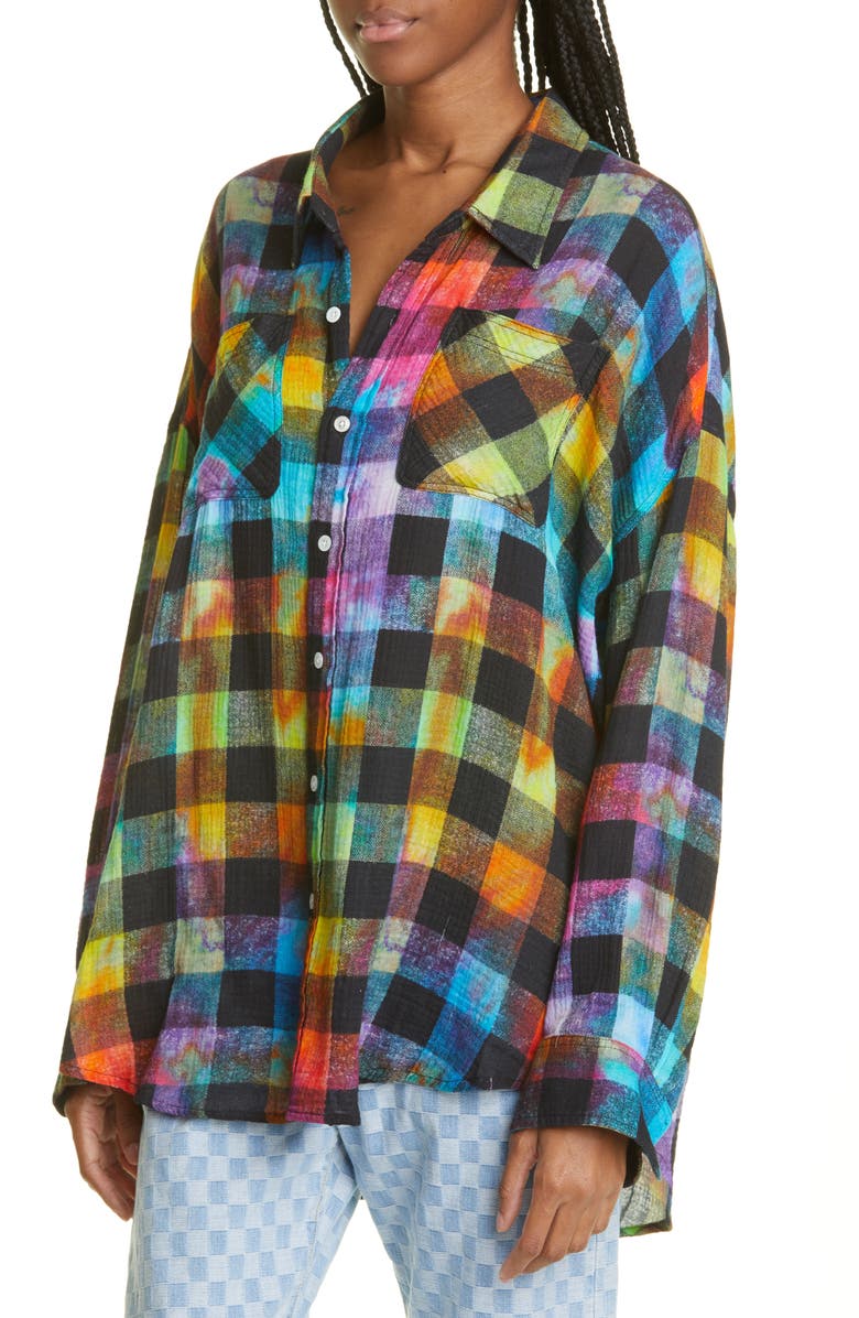 R13 Rainbow Plaid Oversize Button-Up Shirt, Alternate, color, 