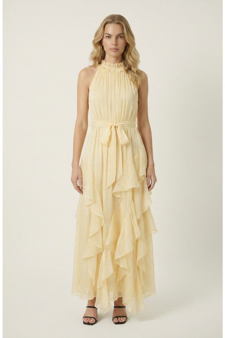 Halter Neck Ruffle Layer Waist Tie Maxi Dress, Main, color, Yellow