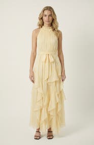 Modenaire Halter Neck Ruffle Layer Waist Tie Maxi Dress