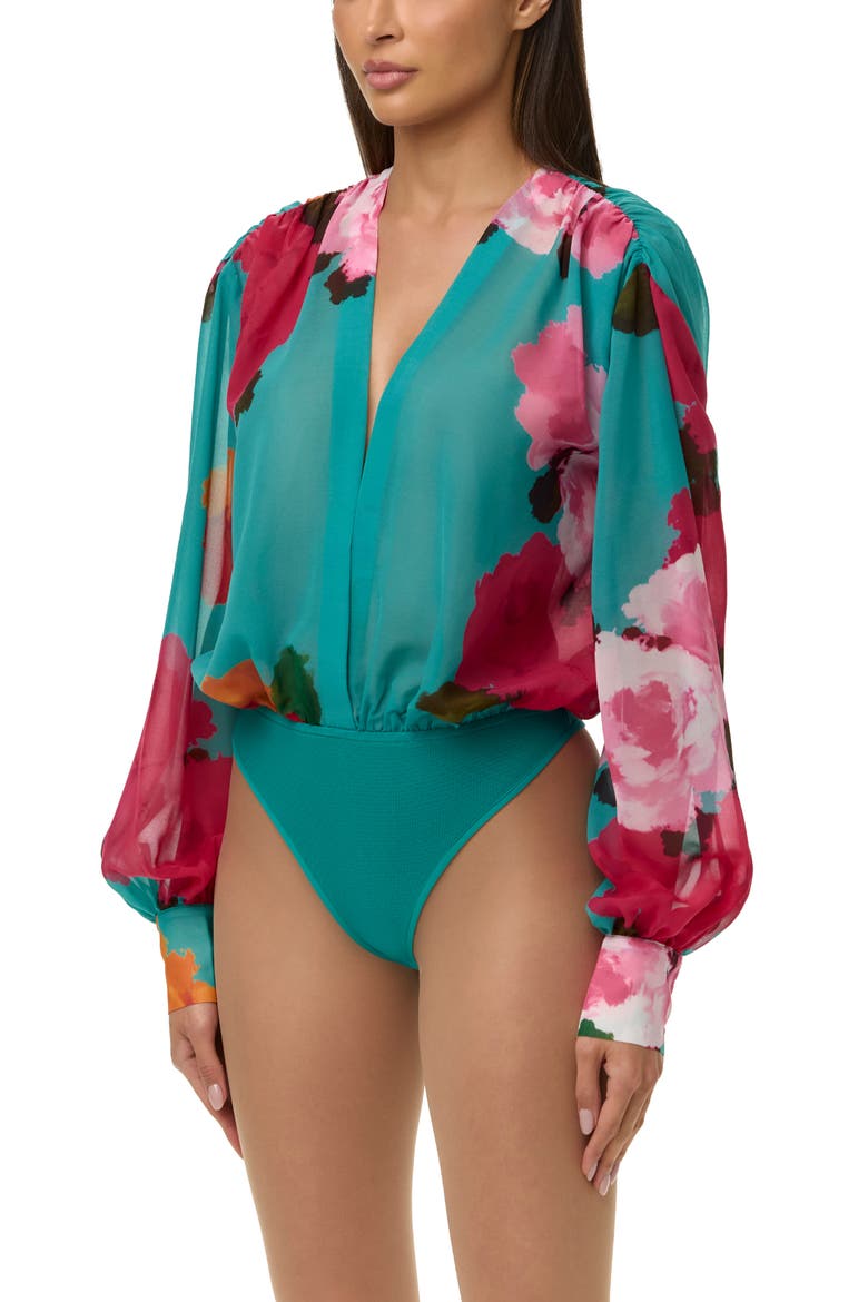 Floral Print Chiffon V-Neck Bodysuit, Alternate, color, FLORA SPRITZ