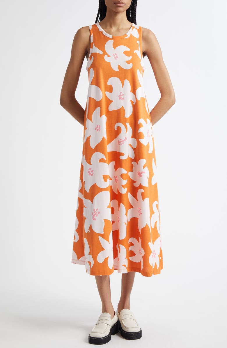 Marimekko Liplatus Villinarisissi Floral Cotton Midi Dress, Main, color, Orange/ Rose/Pink