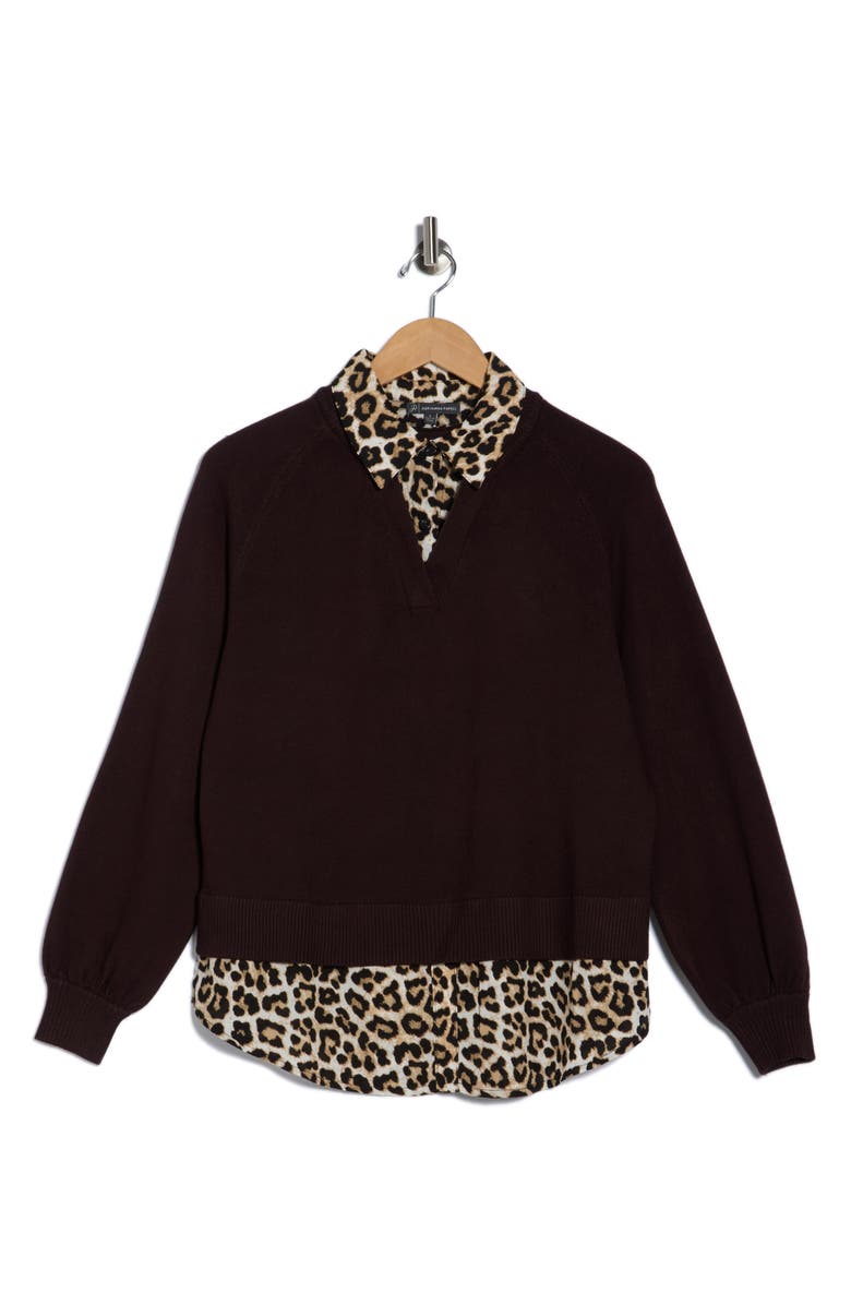 Adrianna Papell V-Neck Twofer Sweater, Alternate, color, Brownie W/ Bengal Cheetah