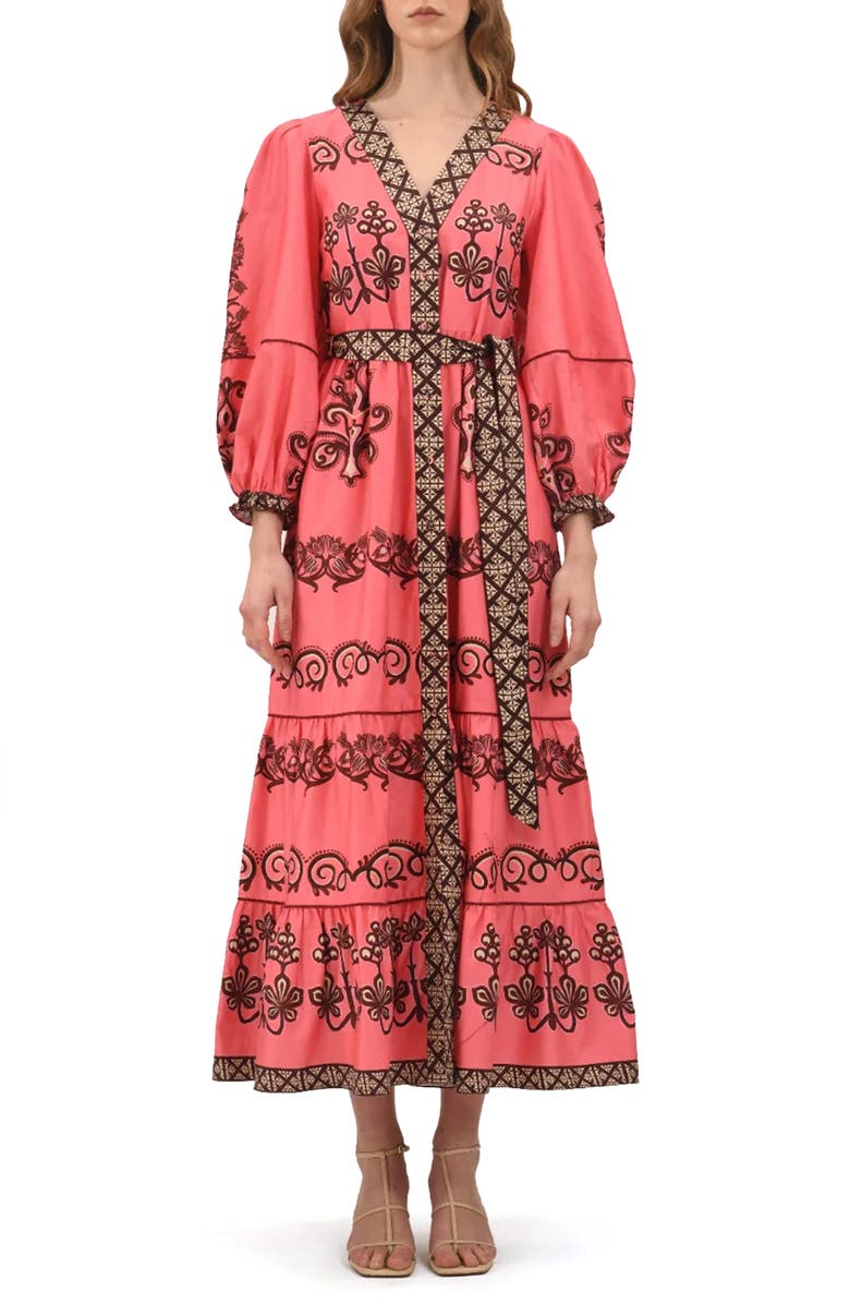Celina Moon Myrna Floral Long Sleeve Cotton Maxi Dress, Main, color, Coral/ Brown
