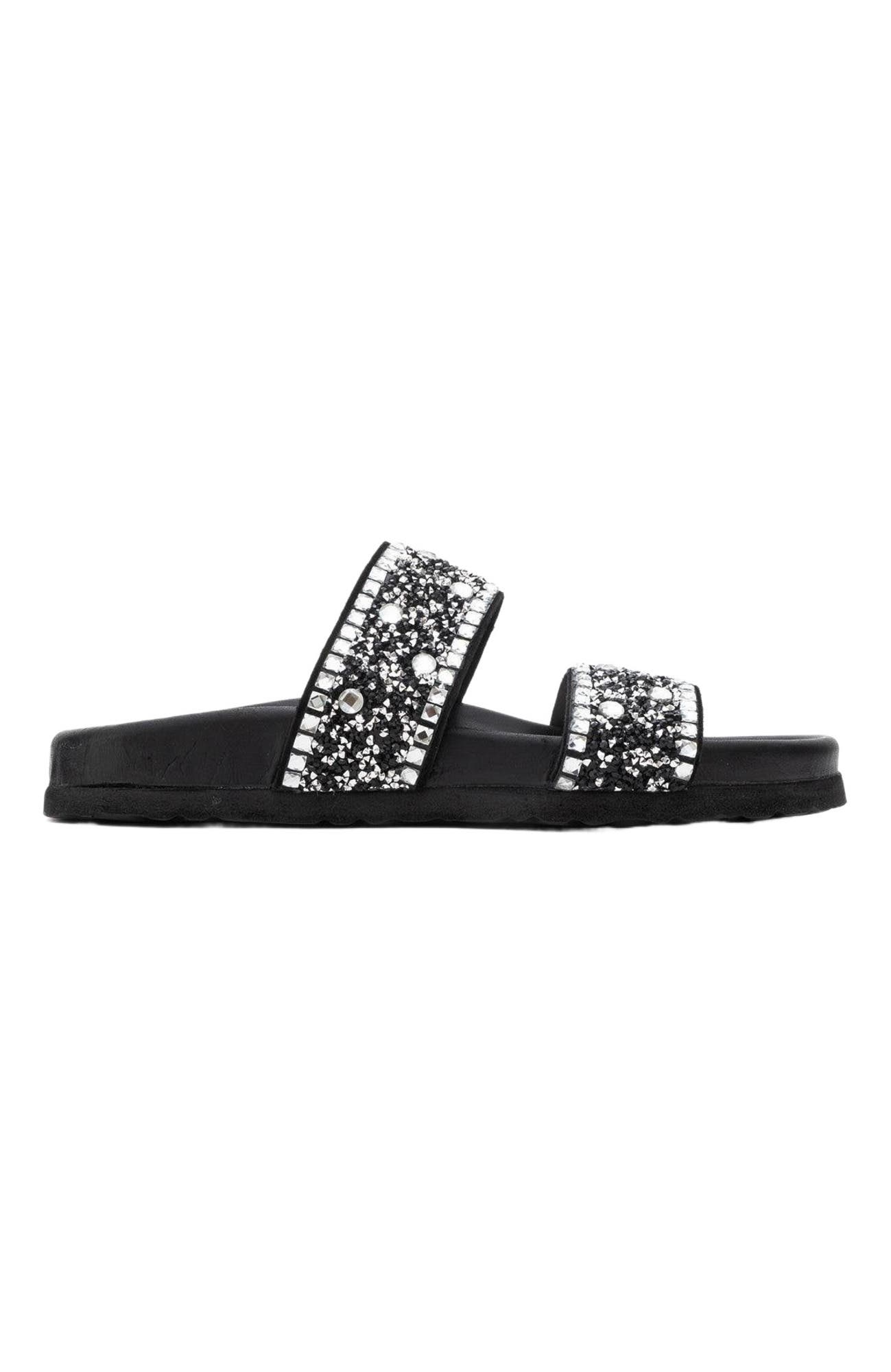Forever & Always Shoes Jamie Leather Double Strap Slide Sandal with Stones, Alternate, color, Black Leather