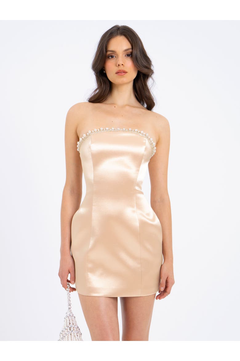 Paisley Pearl Trim Sleeveless Mini Dress, Main, color, Gold