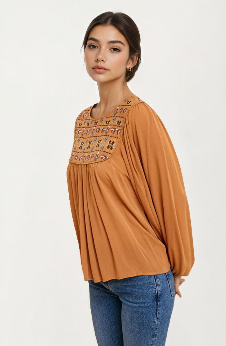 Knit and Lounge Embroidered Yoke Long Sleeve Peasant Blouse, Alternate, color, Brown / Multicolor