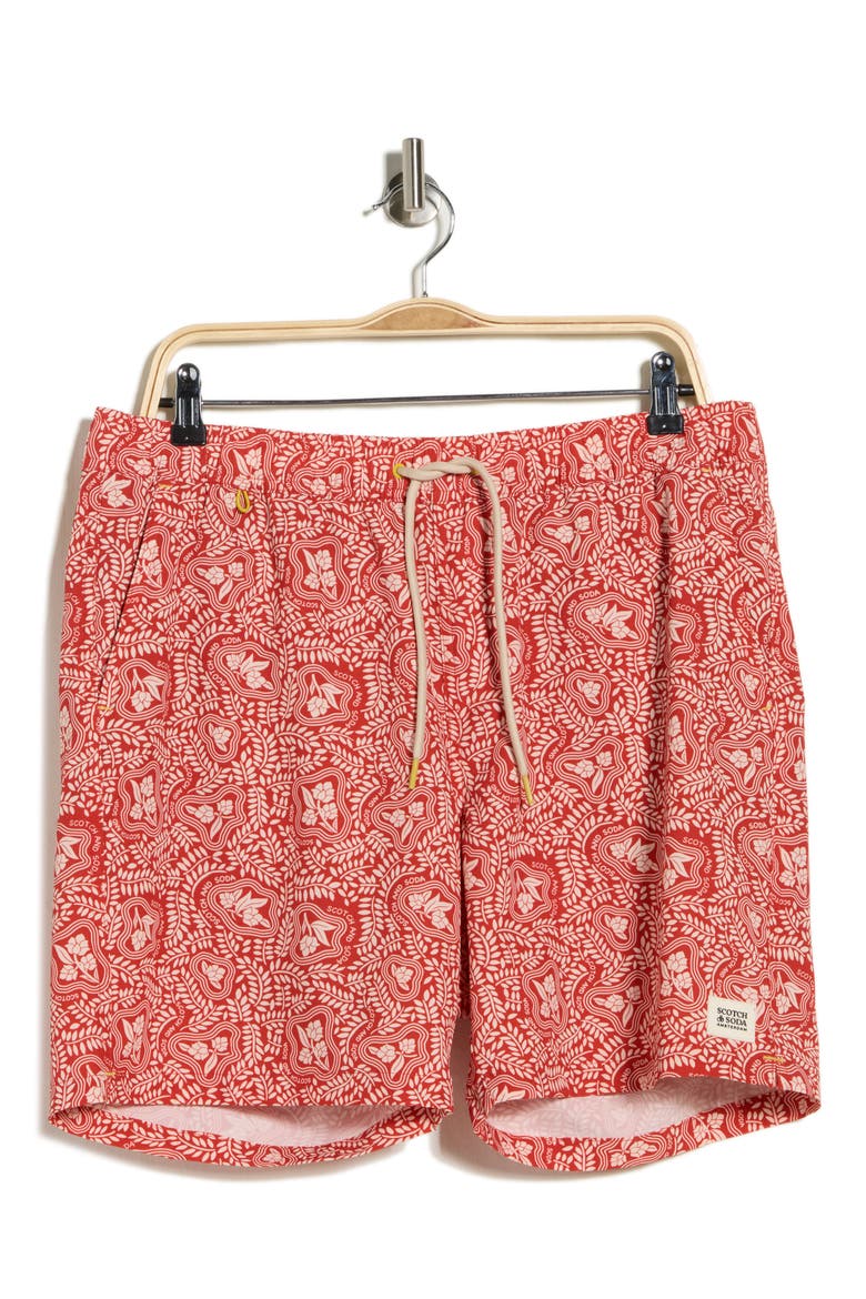 Leafy Floral Print Swim Trunks, Alternate, color, FIRE WHIRL